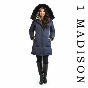 1 Madison Down-Filled Faux Fur Hooded Parka Jacket Navy signs of wear XS